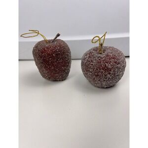 Set of 2 Beaded Sugared Red Apples Fruit Christmas Holiday Ornaments Decor